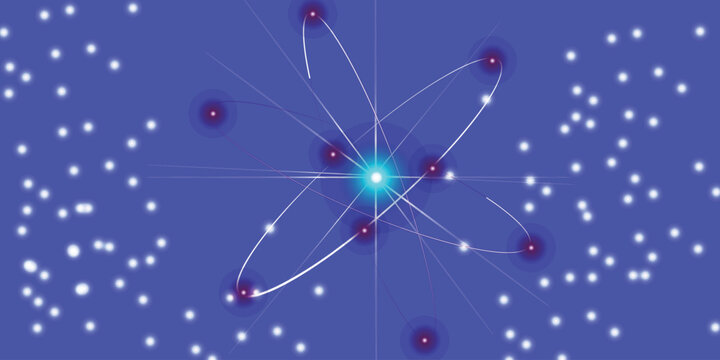 Abstract neon glowing blue Atom nucleus with electrons spinning around it science technology presentation background llustrations Vectors