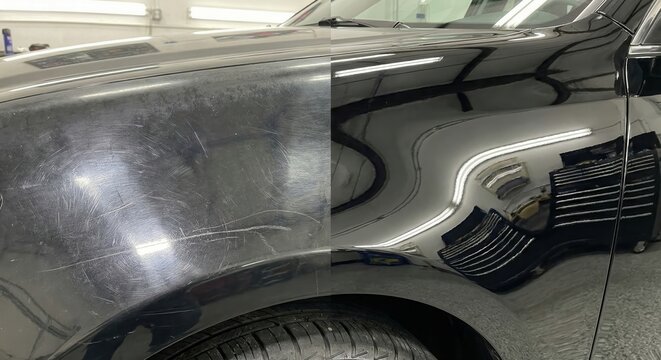 Before and after paint correction on black car fender