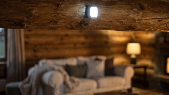 Medium shot of a cabin interior with a discreet smoke sensor in sharp focus while blurred background shows cozy seating and wooden walls.