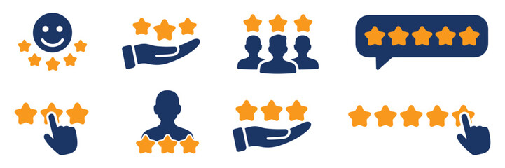 Five stars from customers set icons, modern vector illustrations of rating signs, customer review symbols, user experience metrics, client satisfaction, and best feedback concept for professional 