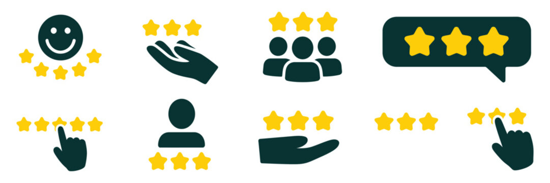 Five stars from customers set icons, vector illustrations representing rating signs, customer reviews, service quality, client satisfaction, user experience, feedback, and professional digital 