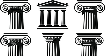 Black and white classical architecture illustration featuring Greek temple with triangular pediment and Ionic Corinthian columns, historic landmark drawing, cultural heritage design 