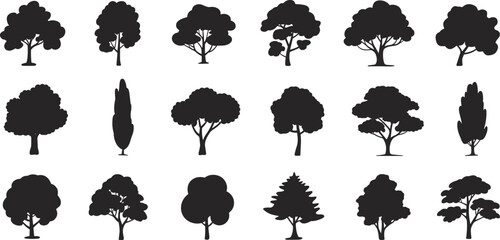 Collection of twenty diverse black tree silhouettes in vector style for botanical, landscape, and design use