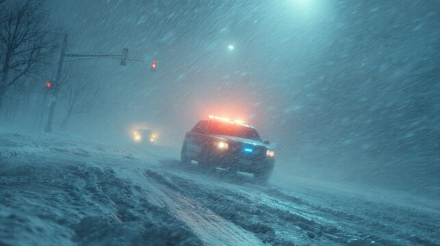 Police car with flashing lights navigating through heavy snowstorm on a city street, traffic signal visible in the background, low visibility conditions present