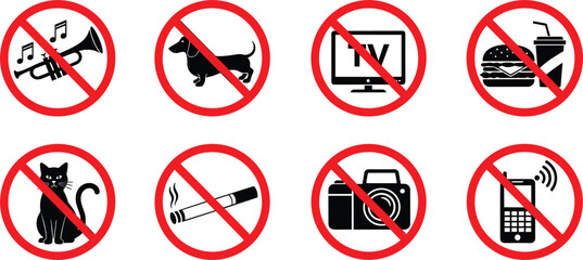 Prohibited signs collection with no music no pets no smoking no phone and restriction warning symbol vector set