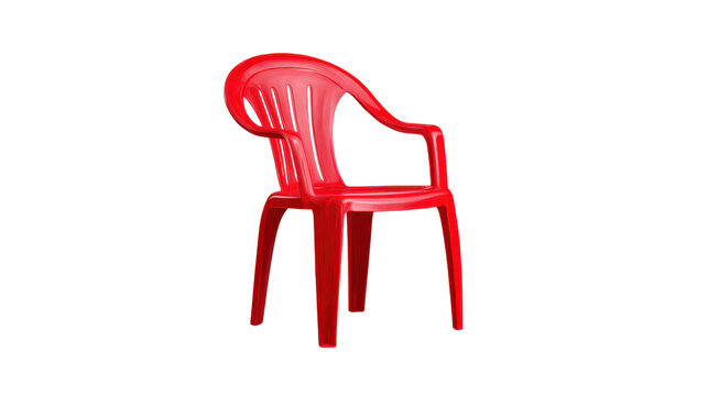 Red plastic chair with armrests, a simple monobloc design offering comfortable outdoor seating for patios, gardens, and casual events, isolated on a transparent background