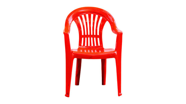 Bright red plastic armchair with slatted back and armrests, garden furniture providing outdoor seating on a transparent background, monoblock design