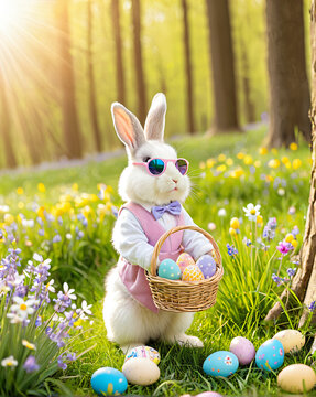 wei&szlig;er Hase mit Sonnenbrille und Osterkorb im Wald