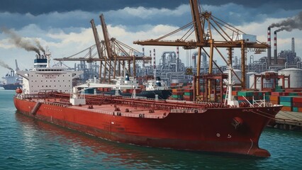 Naklejka premium Large cargo ship docked in port near industrial complex under cloudy sky