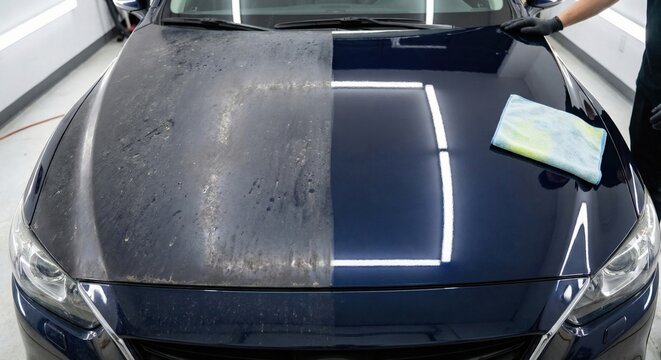 Car detailing before and after comparison on navy hood