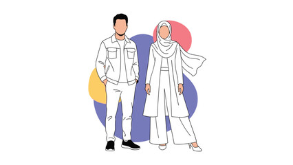 Obraz premium Stylish couple wears modern modest clothing with the man in a white jacket and pants and the woman in a matching outfit and hijab.
