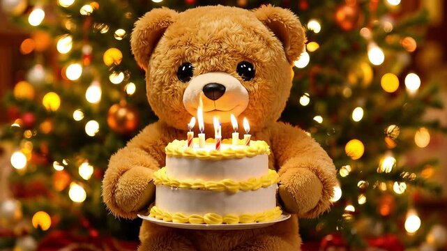 Adorable teddy bear holding birthday cake with candles in front of Christmas tree
