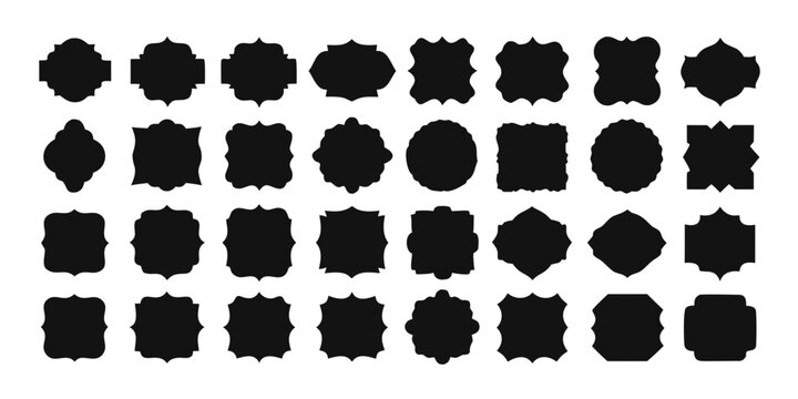 Collection of ornate black silhouettes resembling decorative frames or badges