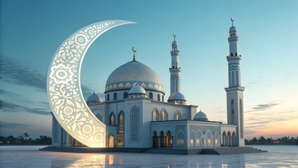 Naklejka premium Majestic Mosque with Giant Crescent Moon at Twilight, Islamic Architecture, Ramadan Celebration, Sacred Worship Place