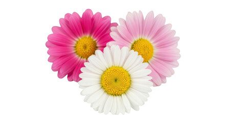 Three colorful daisies isolated on transparent background with pink and white petals © MDTOUFICKAHAMAD