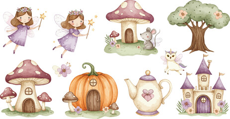Fototapeta premium Whimsical fantasy houses and fairies in a magical forest setting with trees and a castle