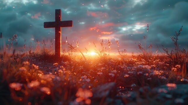 Ascension day concept. The cross on meadow autumn sunrise background.