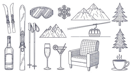 Winter Sports and Ski Resort Elements Hand Drawn Sketch Set. © dada