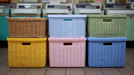 明るい彩度の高い空間にカラフルな機械やバスケットが並ぶ、活気あふれる日本のコインランドリー