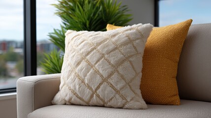 不動産物件に掲載するための、クッションと観葉植物を揃えた活気のある日本のリビングルーム