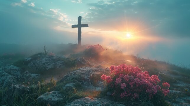 Holy cross symbolizing the death and resurrection of Jesus Christ with The sky over Golgotha Hill is shrouded in light and clouds