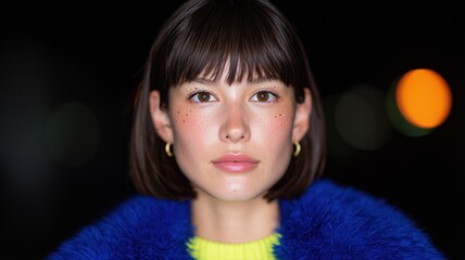 活気あふれる東京の夜景：エレクトリックブルーのフェイクファーとネオンライムのドレスにキラキラのそばかすをあしらった日本人女性