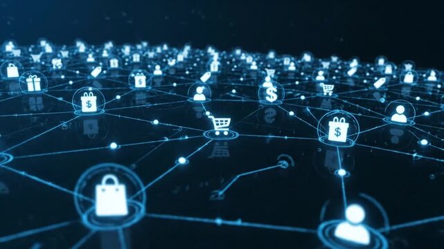 Abstract illustration of global online shopping and digital financial transactions network