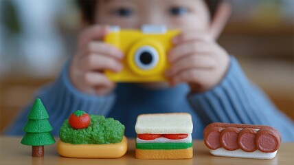 教育目的でクリエイティブスタジオでおもちゃの食べ物のセットアップを撮影する若い写真家