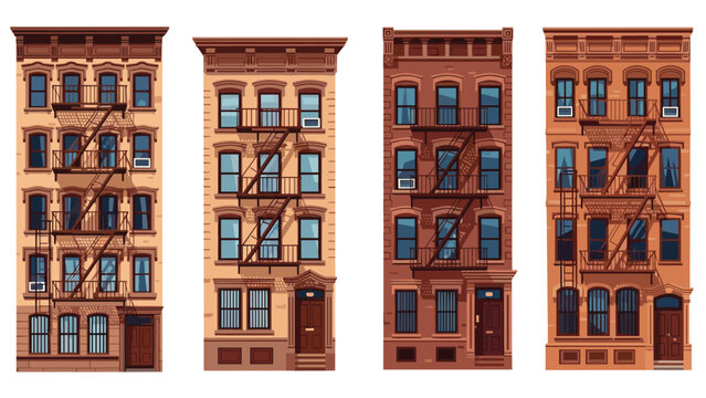 Collection of four New York City style brownstone apartment buildings with fire escapes and front stoops.