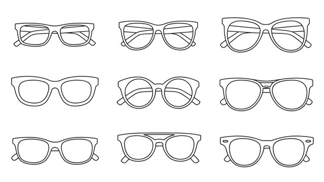 Collection of nine different styles of eyeglass frames shown in black and white line art illustration icons.