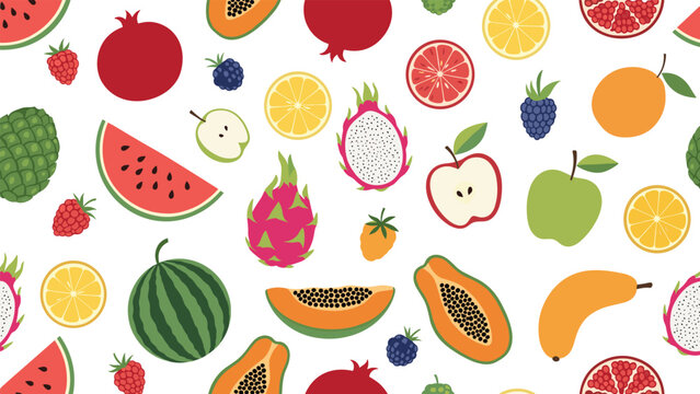 Colorful seamless pattern of diverse tropical and summer fruits including watermelon, papaya, and dragon fruit.