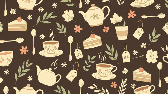 Tea time seamless pattern featuring vintage teapots, cups of tea, delicious cake slices, floral elements, and tea bags on a dark brown background.
