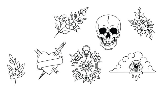 Collection of classic old school tattoo flash designs including skull, flowers, heart with dagger, compass, and an eye in a cloud with raindrops.