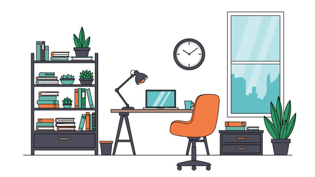 Modern home office workspace interior with desk laptop bookshelves clock window and comfortable chair in flat vector illustration.