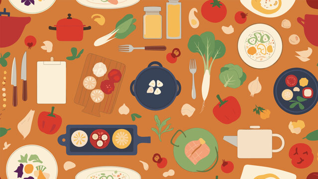 Seamless pattern featuring kitchen utensils vegetables cooking pots and plates of food on a warm orange background for culinary themes.