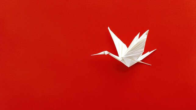 A white origami crane against a red background.