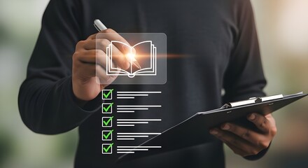 Learning checklist on tablet with stylus, course planning and training compliance