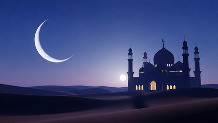 Obraz premium Crescent Moon and Mosque Silhouette at Night in Desert Landscape