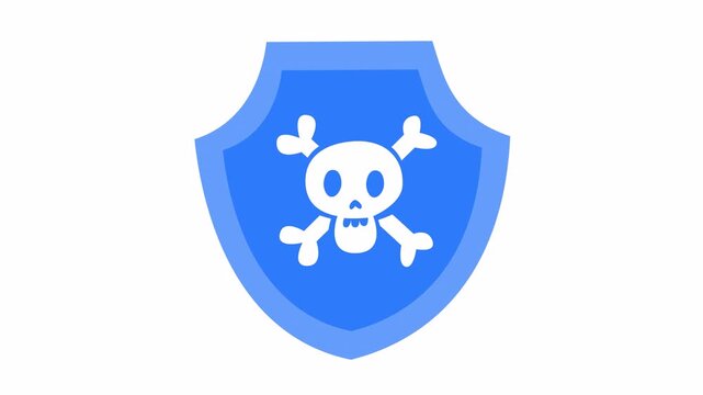 Minimalist cybersecurity shield icon with skull and crossbones isolated on an alpha channel. Blue malware alert with a skull threat symbol on a protective shield. Hacking and cybercrime warning sign.