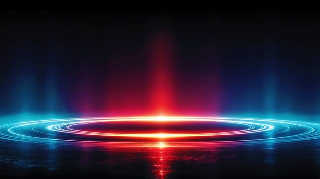 Futuristic neon stage background with glowing blue rings and intense red spotlight beam.

