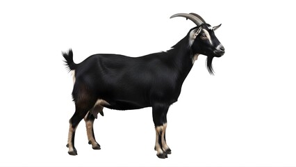 Obraz premium A black goat with curved horns standing on transparent background