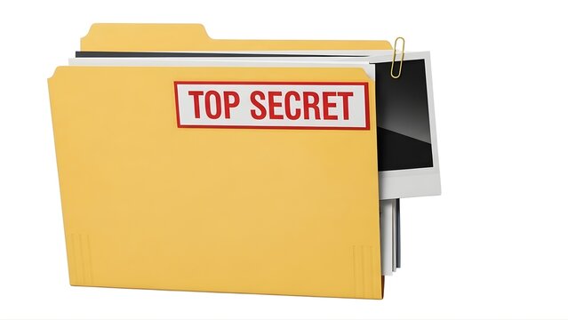 A yellow folder with a top secret label on transparent background
