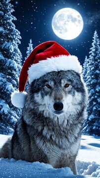 Festive wolf wearing Santa hat in magical snowy winter forest