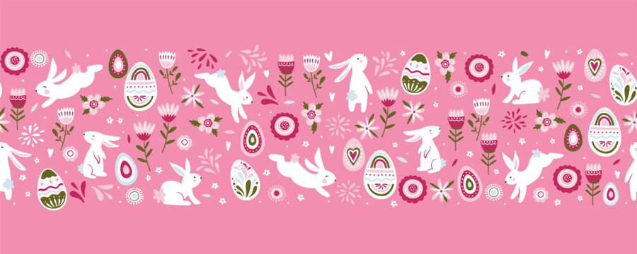 Cute hand drawn Easter horizontal seamless pattern with bunnies, flowers, easter eggs, beautiful background, great for Easter Cards, banner, textiles, wallpapers - vector design