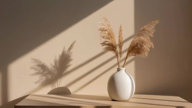 Elegant dried pampas grass in a minimalist white vase casting long shadows on a neutral wall, creating a serene and chic interior design element