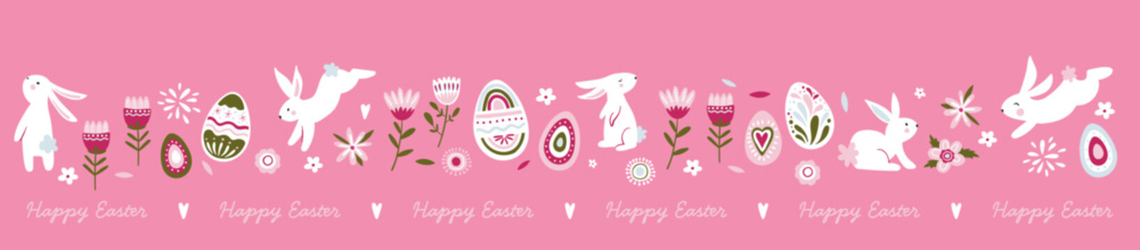 Cute hand drawn Easter horizontal seamless pattern with bunnies, flowers, easter eggs, beautiful background, great for Easter Cards, banner, textiles, wallpapers - vector design