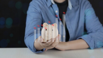Business finance growth concept with piggy bank and rising percentage bar chart. Investment, savings, interest rate and financial planning strategy for wealth management and economic growth.