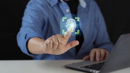 Biometric security concept with fingerprint scanning on digital interface. Cybersecurity, identity verification, data protection and secure login technology for online banking
