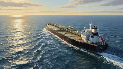 Fototapeta premium Large cargo ship sailing on the ocean under a clear sky during sunset