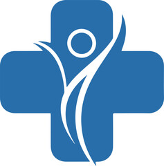 Obraz premium Medical blue cross logo with abstract human figure for healthcare pharmacy and hospital branding identity symbol with professional wellness design isolated on white art